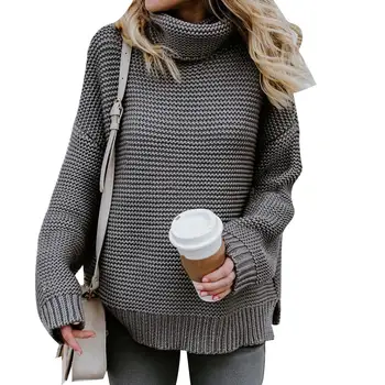 

Solid Color Knitted Warm Sweater Women Autumn Winter Wild High Collar Thick Line Long Sleeve Loose Pullover Sweater Top