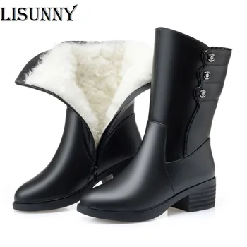 

Boots Women 2020 Winter Warm Wool High Heel Boots Black Genuine Leather Waterproof Thick Heels Fur Women Boots