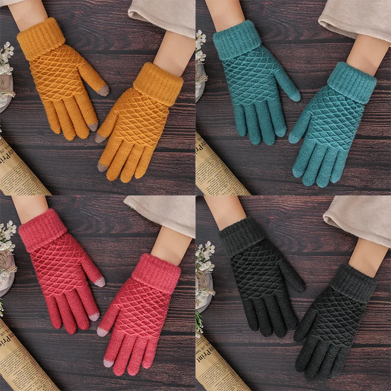 Rimiut Women Knitted Winter Gloves Velvet Thick & Warm Casual Gloves Men Unisex Autumn Winter Touch Screen Skiing Gloves 11color