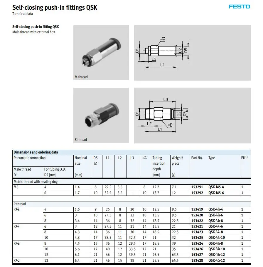 QSK-1/8-6 FESTO самозакрывающиеся нажимные фитинги соединитель серии QSK пневматические компоненты воздушные инструменты