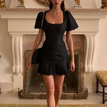 

Vintage women denim pleated dress 2020 summer fashion ladies puff sleeve dresses elegant female draped dress girls chic vestidos