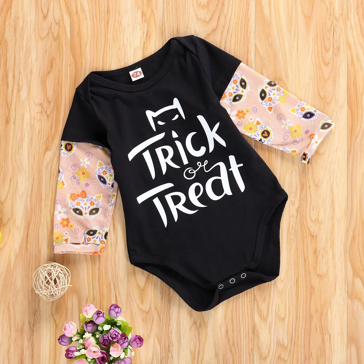 3-18M Halloween Costumes Newborn Infant Baby Boys Cartoon Letters Print Long Floral Sleeve Button Covered Rompers Outfits New