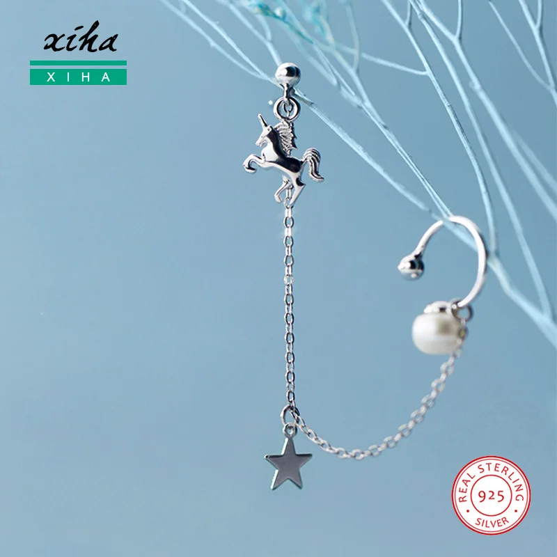 

925 Sterling Silver Horse Animal Long Chain Tassel Clip on Earring for Women Teens Girls Kid Pearl Star Ear Cuff Earcuff Jewelry