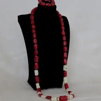 

4UJewelry 13mm Nature Coral Beads Jewelry Set For Men Groom Long Design Red / Wine and White African Wedding Jewellery Set 2019