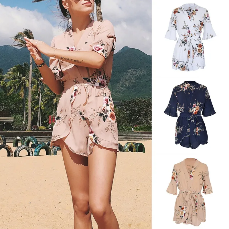 Элегантные шифоновые белые комбинезоны с v-образным вырезом, комбинезоны, сексуальные пляжные короткие комбинезоны для девочек, женские комбинезоны с красным цветочным принтом и оборками