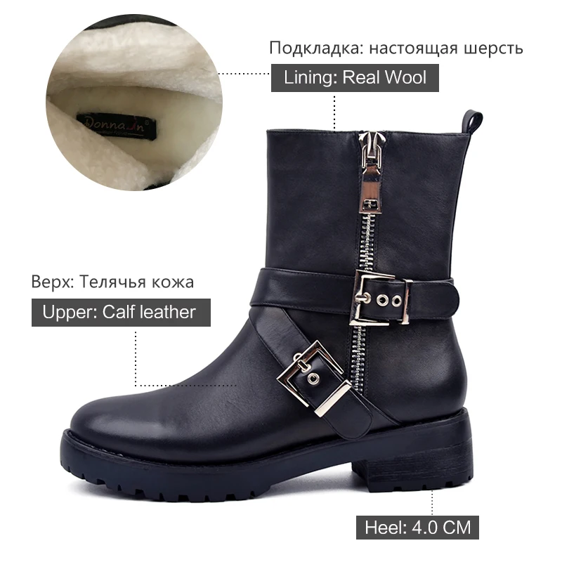 Женские полусапожки из натуральной кожи Donna-in, зимние ботинки до середины икры на шерстяной подкладке, стильные ботинки на низком каблуке, с металлической молнией