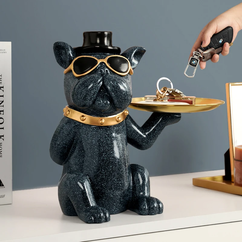 Green Bulldog with Metal Tray Table décor Resin Dog statue home decoration Dog Figurine with Decorative Tray for Keys Jewelry
