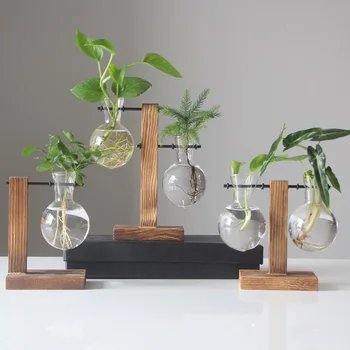 

Creative Hydroponic Plant Vases Vintage Flower Pot Transparent Vase Wooden Frame Glass Tabletop Plants Home Wedding Decoration