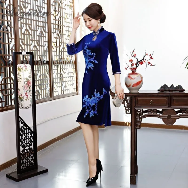 Чонсам модерано rojo vino de agua воротник Qi Pao mujeres chino tradicional Plus tamamino vestido Qipao