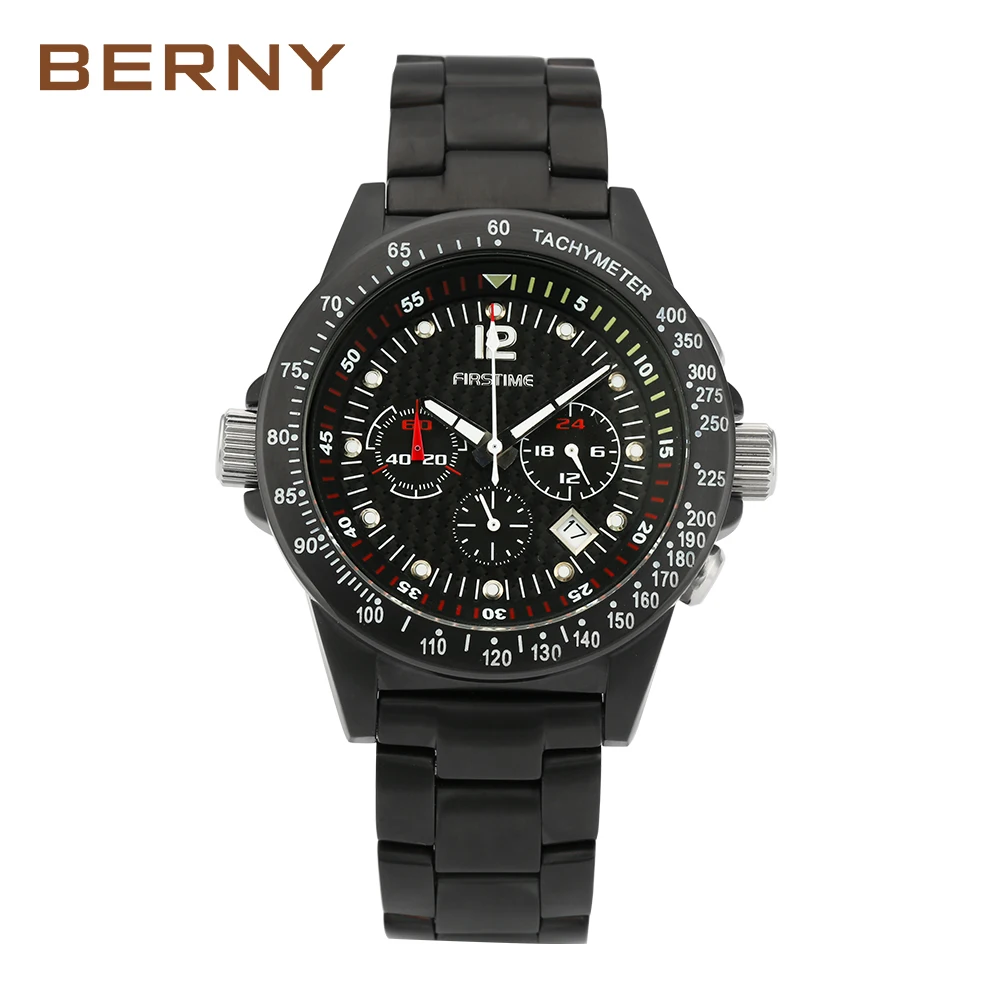 2295M-BLK Япония Chronograp мужские Relogio Masculino для дайвинга 100 метров Водонепроницаемость все нержавеющая сталь мужские Wirstwatcch BERNY - Цвет: 2295M-BLK