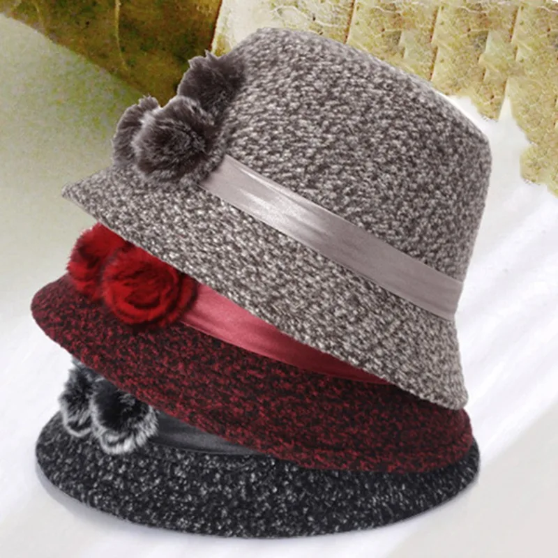 Новая женская шляпа Fedora Женская шерстяная купольная Кепка для девочек осень-зима шерстяная шапка с цветком шапочка для бассейна шерстяной купол