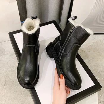 

Women Snow Boots Cowhide Warm Winter Martin Shoes Ladies Plus Fleece Ankle Boots Black Side Zipper Genuine Leather Women's Shoes