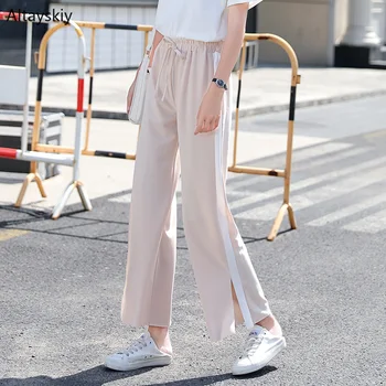 

Pants Women 2020 Summer High Waist Loose Leisure All-match Womens Spliced Ankle-Length Wide Leg Trousers Female Daily Simple