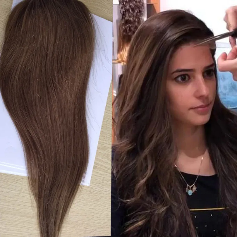 여성용 다크 다크 브라운 버진 유럽 인모 토퍼, 핸드 타이 모노 토피 실크 베이스, 통기성 헤어 피스, 클립 포함, 16x18cm