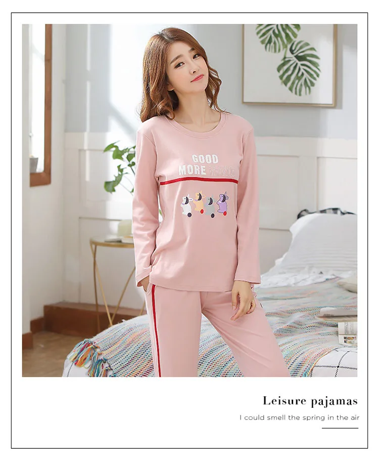 Большие размеры Sleepwear пижамы осенние хлопковые пижамы для женщин мультфильм пижамный комплект с длинным рукавом Женская Повседневная Свободная Ночная одежда домашняя одежда