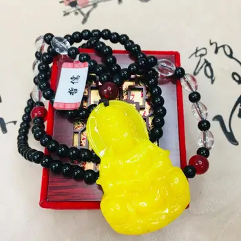 

Zheru natural beeswax light yellow carved Guanyin pendant with bead necklace fine men and women sweater chain