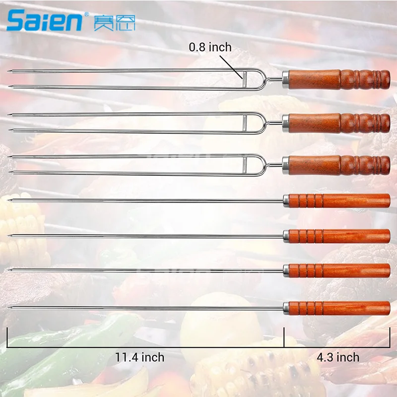 Двойной зубцами барбекю Шиш-кебаб шашлык нержавеющая сталь деревянная рукоятка 16 дюймов, 7 предметов