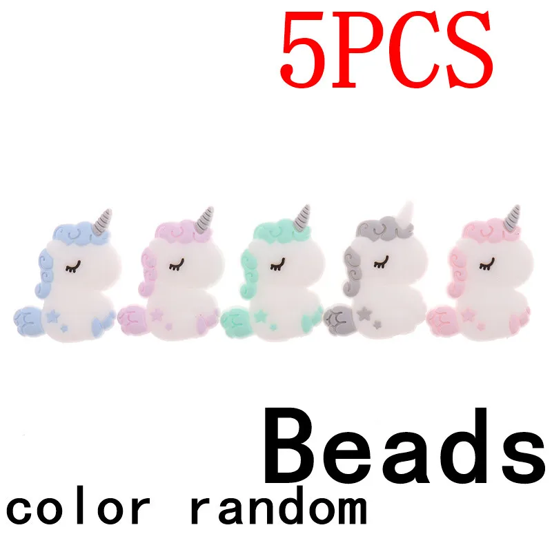 Fkisbox 5pc Rodent Silicone Unicorn Baby Teether Beads Flower Mordedor BPA Free Infant Chewing Teething Necklace Bunny Cloud Fox - Цвет: Unicorn-Mix Random