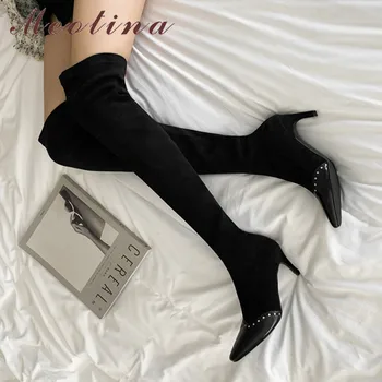 

Meotina Winter Thigh High Boots Women Genuine Leather Thin High Heel Over The Knee Boots Sexy Slim Stretch Shoes Lady Fall 33-43