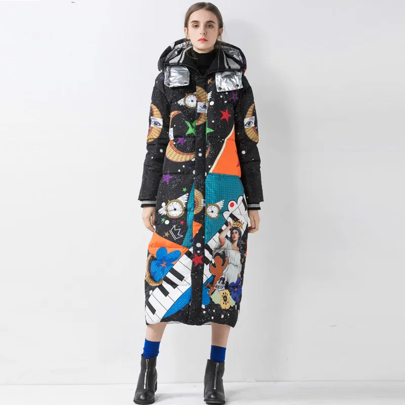 

Sanis 2019 Winter New Arrival Print Top Quality White Duck Down Warm Down Jacket Long Coat Women Thick Loose Female Overcoat