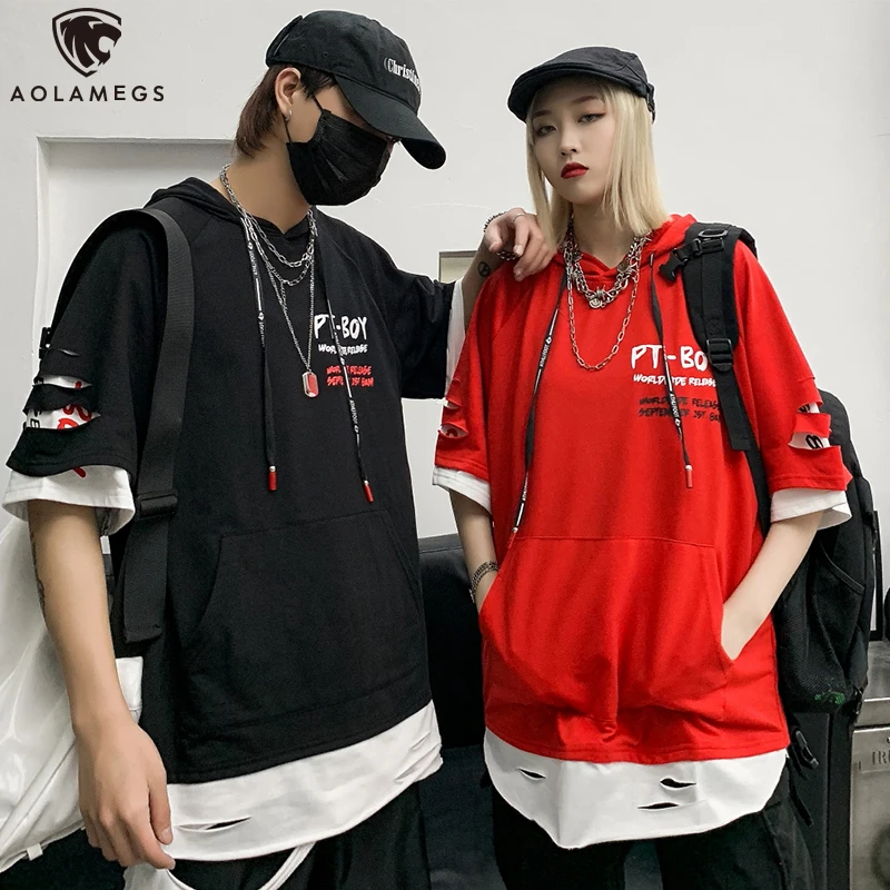 

Aolamegs Men's T Shirt-match Hoodies High Street College Style Hoodies Sleeve Hooded Sweatshirt Casual Hole Ripped Streetwear