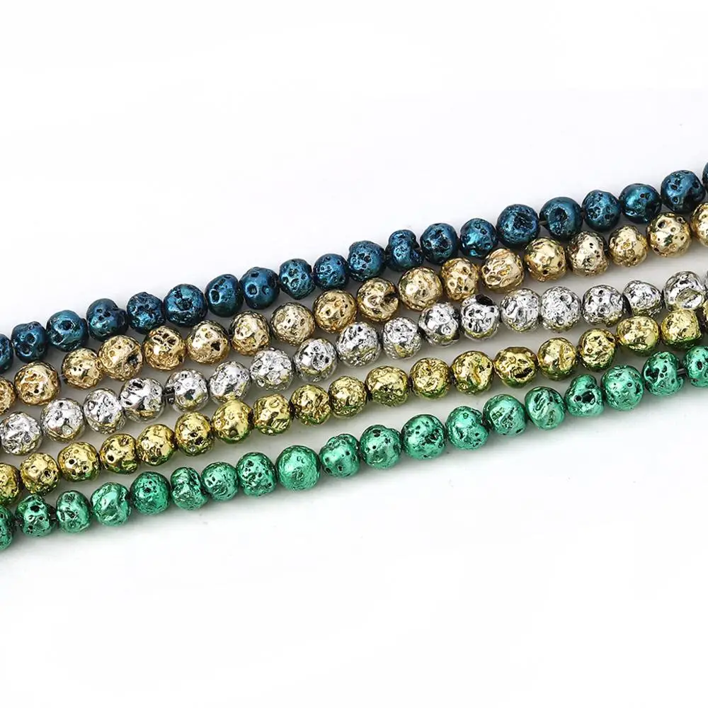 8Seasons Fashion Lava Rock (Electroplate) Beads Round Gold/Silver Color DIY Making Punk Style Bracelet Jewelry 11mm-6mm 1Strand | Украшения