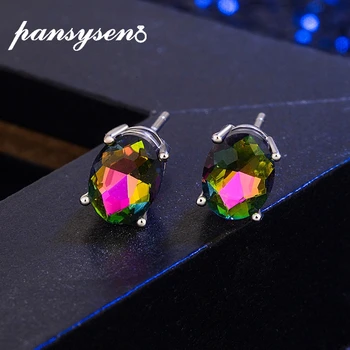 

PANSYSEN Brand Oval Topaz Pink Quartz Created Opal Stud Earrings for Women 925 Sterling Silver Girl's Fashion Jewelry Earring