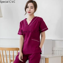 Женская мода Красота и здоровье Униформа Чистый хлопок скраб-топ цвет блокировка дизайн V шеи рубашка с большими карманами(просто топ
