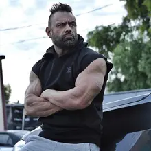 AliExpress мужской спортивный хлопковый жилет для занятий фитнесом, тонкий тренировочный жилет без рукавов с капюшоном