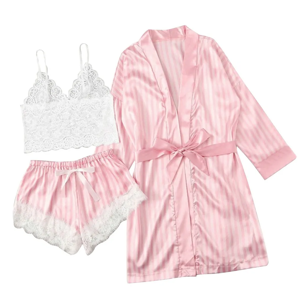 3 шт., пижама, женские пижамные комплекты, сексуальный кружевной Бралетт, полосатый халат, одежда для сна, костюмы для сна, атласные пижамы для женщин, пижама Mujer