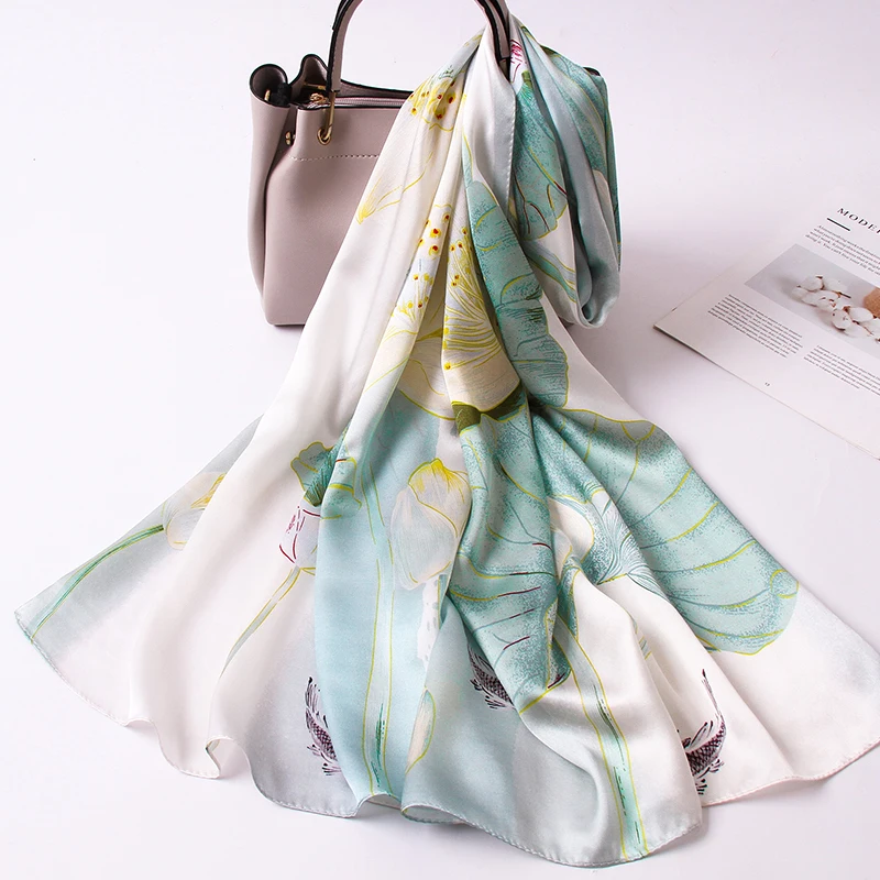 Spring Women 100% Real Silk Scarf Hangzhou Natural Silk Shawl For Ladies Design Long Flower Printed Female Foulard Femme Scarves [bysifa] blue white silk scarf ladies shawl chinese style classic flowers 100% silk twill square scarves wraps for spring autumn