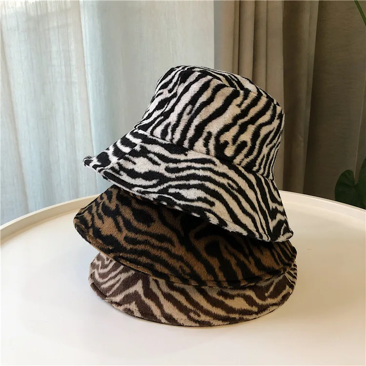 

Hairy zebra pattern fisherman's Hat Women autumn and winter Korean fashion leopard print basin hat trend cute hat hip hop