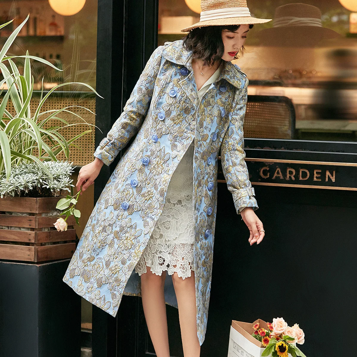 

England Style Trench Women Jacquard Coat Winter Double Breasted Long Coat Luxury Jacket Oversized Overcoat Turn-down Collar