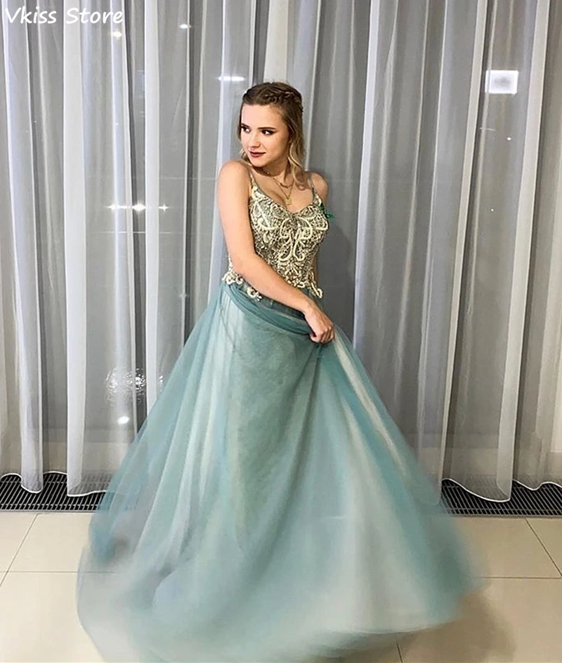 

Vkiss New Evening Dress Spaghetti Strap Tulle Sexy Backless Applique V-neck Floor Length Green Prom Dress вечернее платье 2020