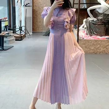 

High Quality Designer Runway Summer Dresses for Women 2020 New Elegant Ruffles Patchwork Hit Color Pleated Midi Dress