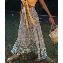 

2021 Summer New Emperament A-line Skirts Women Ruffles Elegant Slim Print Floral Pathwork Big Swing Fold Skirt Female Casual Red