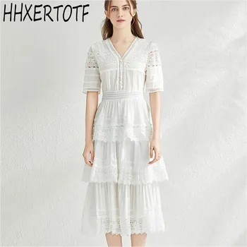 

High Quality 2020 summer White Pleated Cake Dress Women Elegant Short Sleeve V-Neck Lace Trims Hollow Out dress