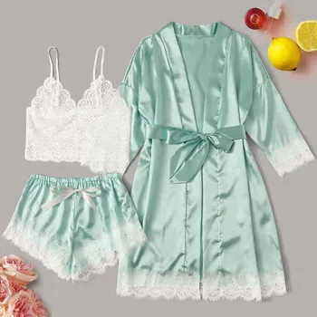 

Women Lace Lingerie Satin Wireless Bra Camisole Shorts Pajamas Sleepwear Robe Lingerie Bowknot 3 Piece Sleepwear Sets Feminina