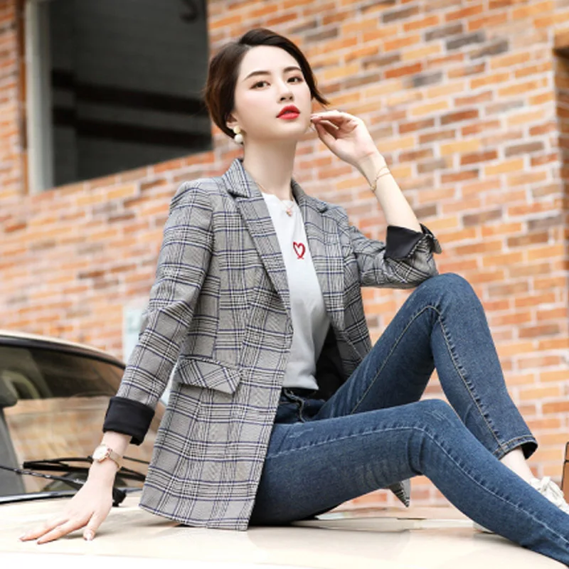 Gray Plaid Клетчатый блейзер для женщин, элегантный офисный женский пиджак размера плюс, новинка, клетчатый Блейзер, короткая куртка Ol, осень, Chaqueta Mujer, плащ, блейзеры, пальто - Цвет: Gray Plaid