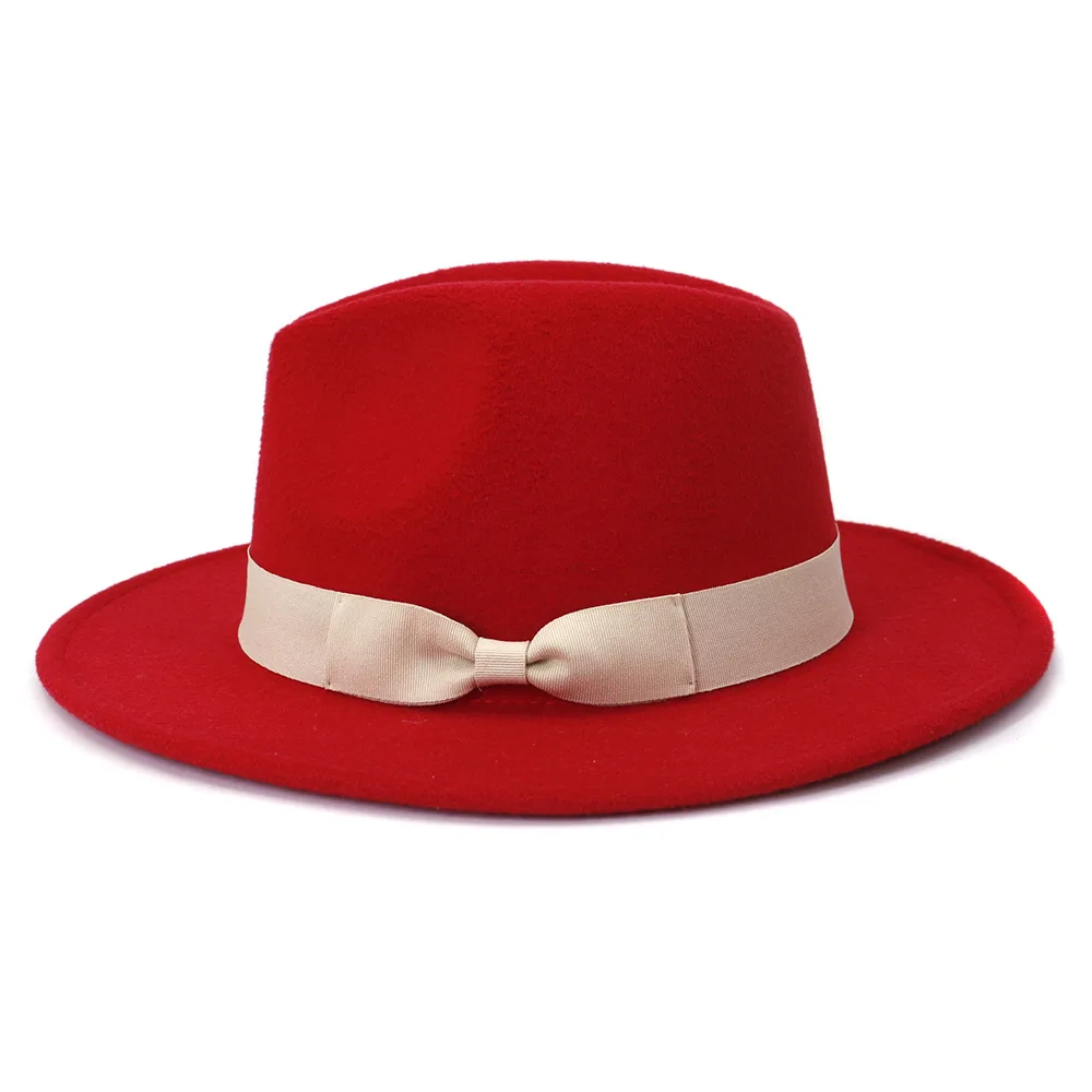 Free shipping Simple classic red jazz top hat women wide-brimmed bow fedora hat autumn and winter ladies elegant panama hat short brim fedora