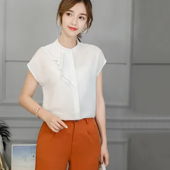 

Women's Summer Retro Fashion Chiffon Round Neck Short Sleeve Solid Color Loose Wild Blouses