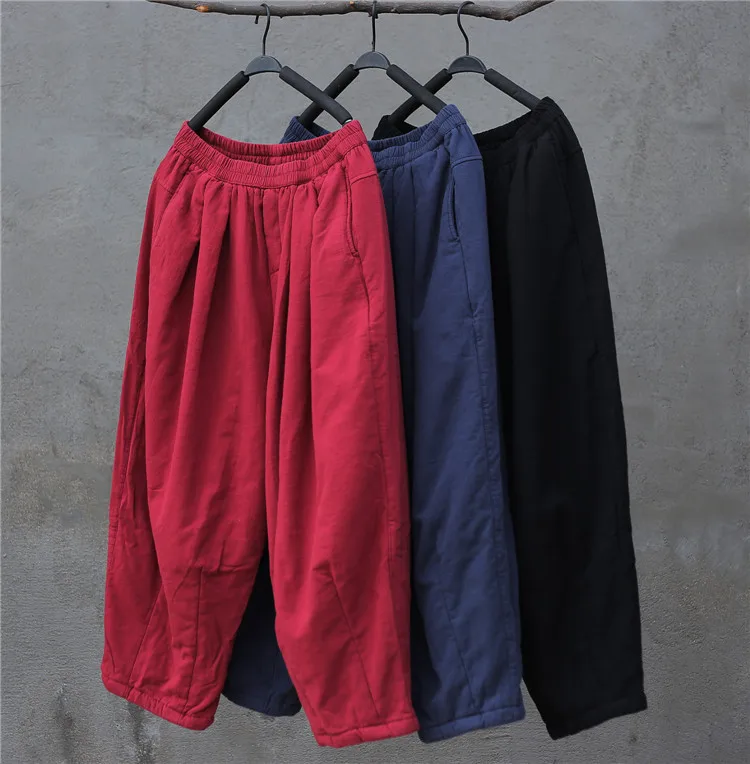 Extra Loose Casual Thick Quilted Women Wide Leg Cotton Linen Pants, Wine Red Navy Blue Black Winter Plus Size Lady Warm Trousers