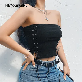 

HEYounGIRL Summer Harajuku Strapless Boob Tube Top Women Tie Up Backless Sexy Crop Tops Tees Skinny Bodycon Bandeau Streetwear