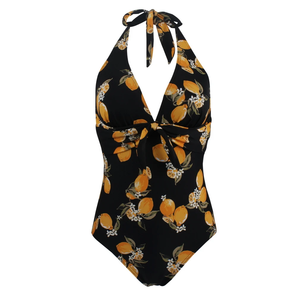 

Sexy Lemon Flower Print Halter One-Piece Swimwear Deep V-neck Women Halterneck Monokini Bathing Suit Plus Size One Piece Bikinis