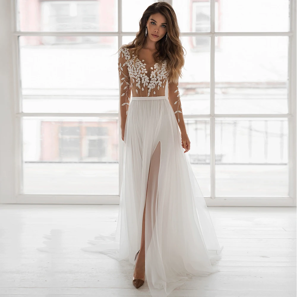 

Simple Tulle Wedding Dresses 2020 Slit Applique Scoop Neck Sweep Train A-line Long Sleeve Bridal Gowns
