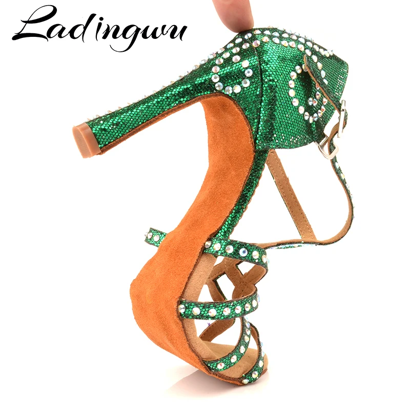 Ladingwu Women Latin Dance Shoes Green Flash Cloth Dance Shoes Lady Rhinestone Ballroom Salsa Tango Dance Shoes Professional