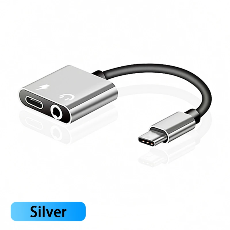 2 in 1 Audio Adapter charging Earphone Cable For xiaomi MI8 Samsung S7 Aux Jack headset For Type C 3.5 mm To Headphone splitter - Цвет: Silver