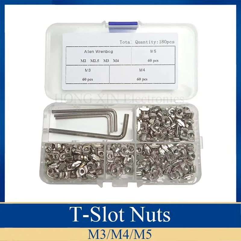 

180pcs/set M3/M4/M5 Nickeling Carbon Steel T Hammer Nuts Assortment Kits Connector T Fastener Sliding Nut