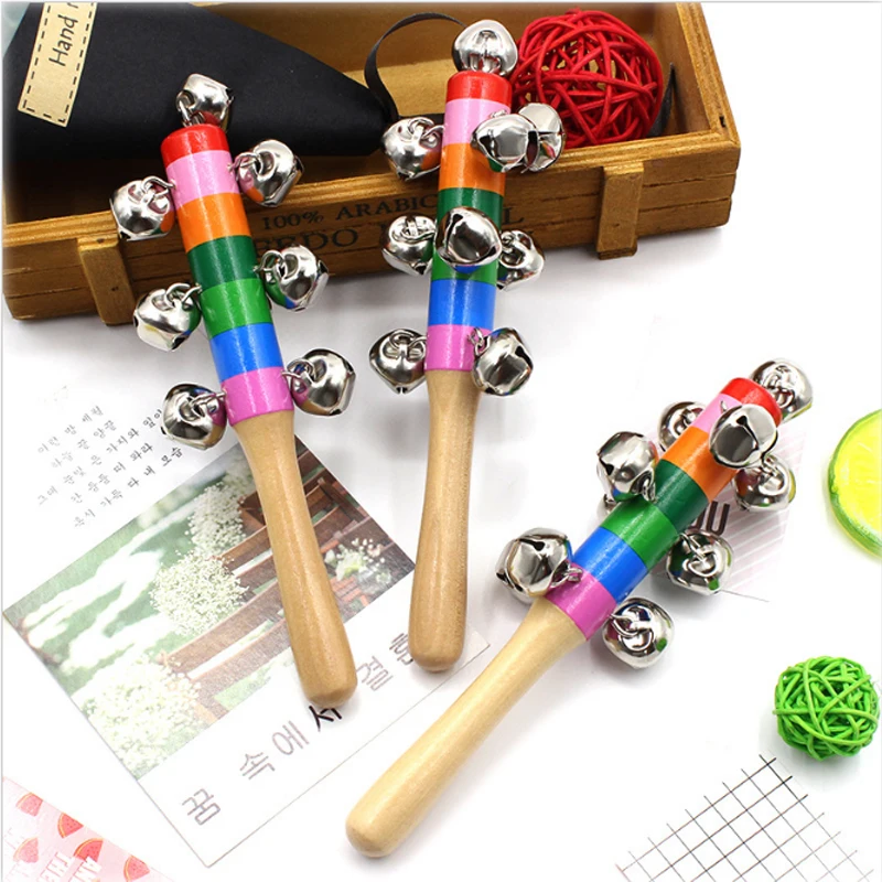 3Pcs Hand Sleigh Bells Rainbow Wooden Handle Colorful Bell For Holiday