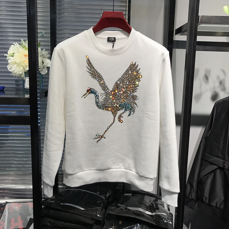 

Winter Korean Men's Hoodie Casual Round Neck Luxury Plus Velvet Hot Diamond Skull Sports Street Tops Large Size